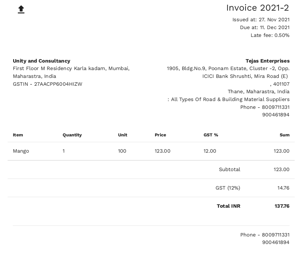 Invoice that the app already generates